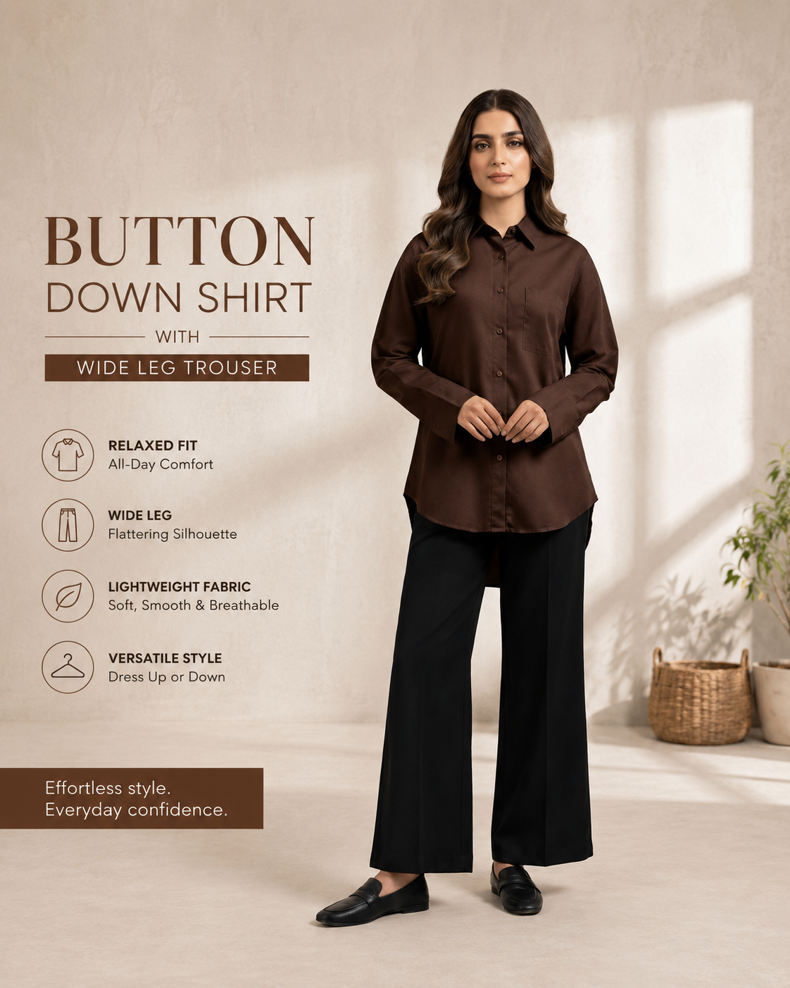 Brown Button Down Shirt with Flared Trousers