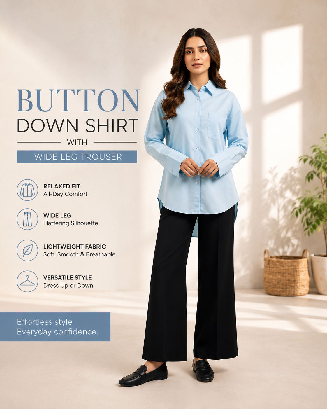 Sky Blue Button Down Shirt with Flared Trousers