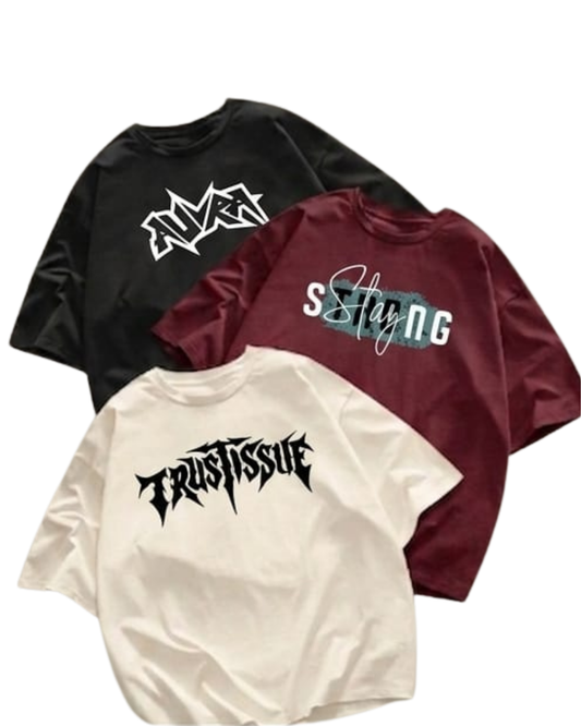 Unisex Pack of 3 Printed Drop Shoulder T-Shirts