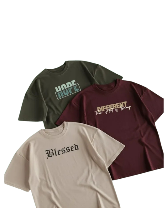 Unisex Pack of 3 Printed Drop Shoulder T-Shirts