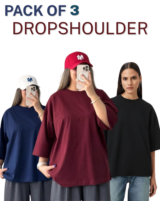 Pack of 3 Plain Drop Shoulder T-Shirts - Crazova Official
