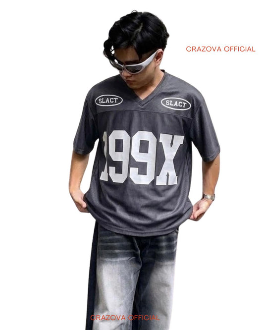 199X Printed V-Neck Drop Shoulder T-Shirt Grey