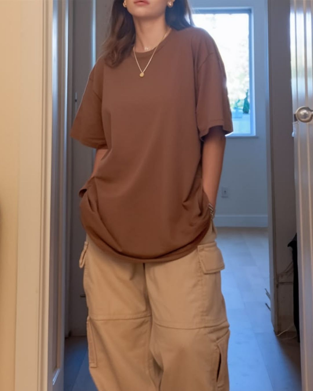 Brown Unisex Plain Drop Shoulder T-Shirts