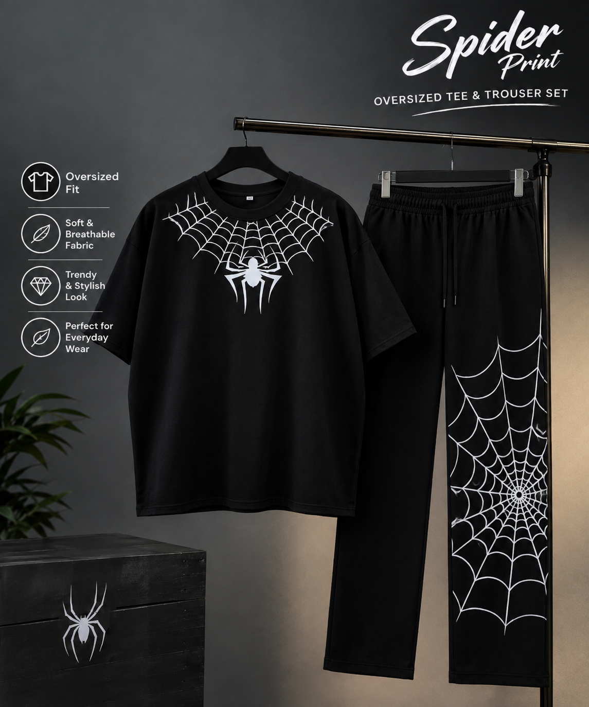Spider Print Oversized Tee & Straight Trouser Set