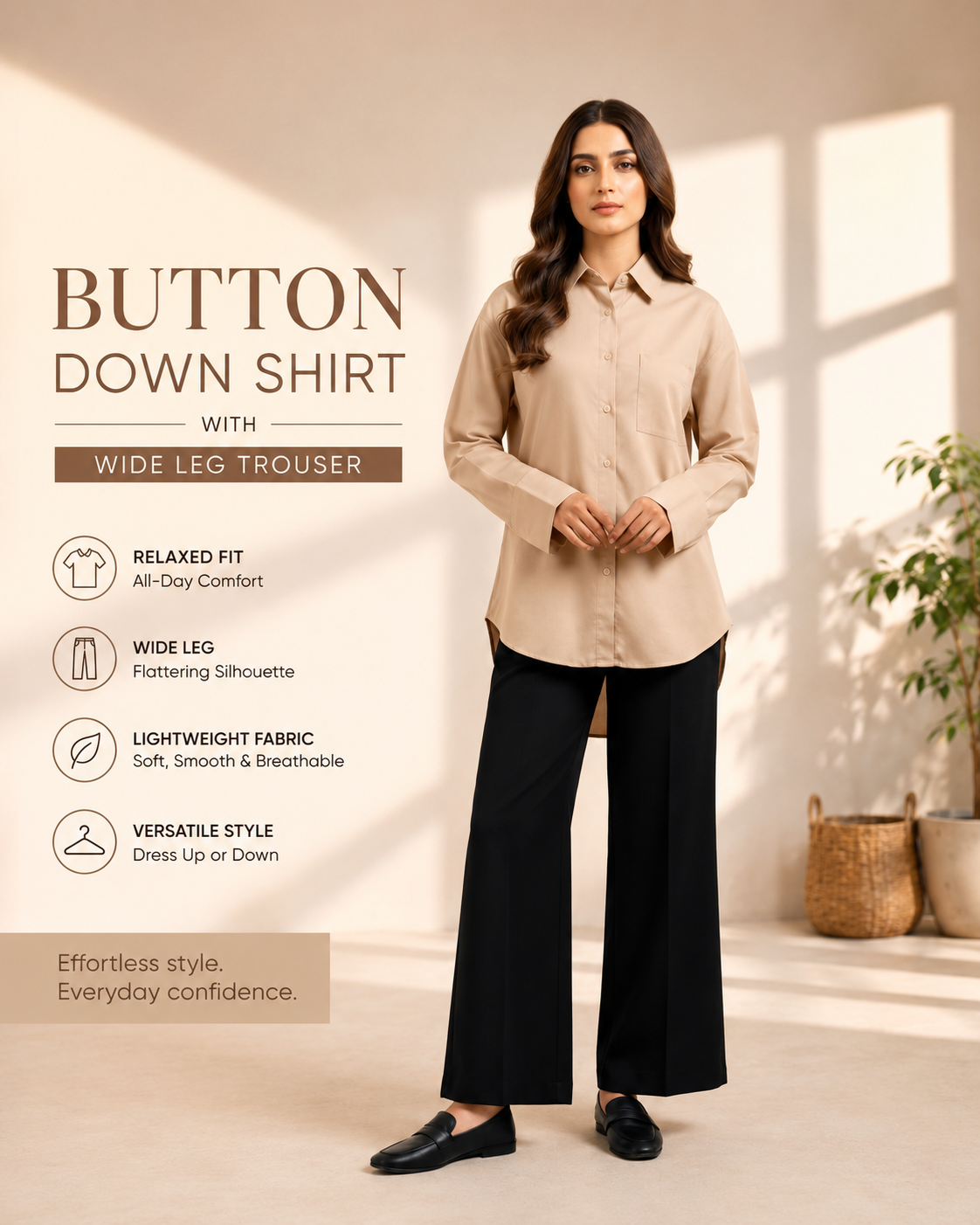 Beige Button Down Shirt with Flared Trousers