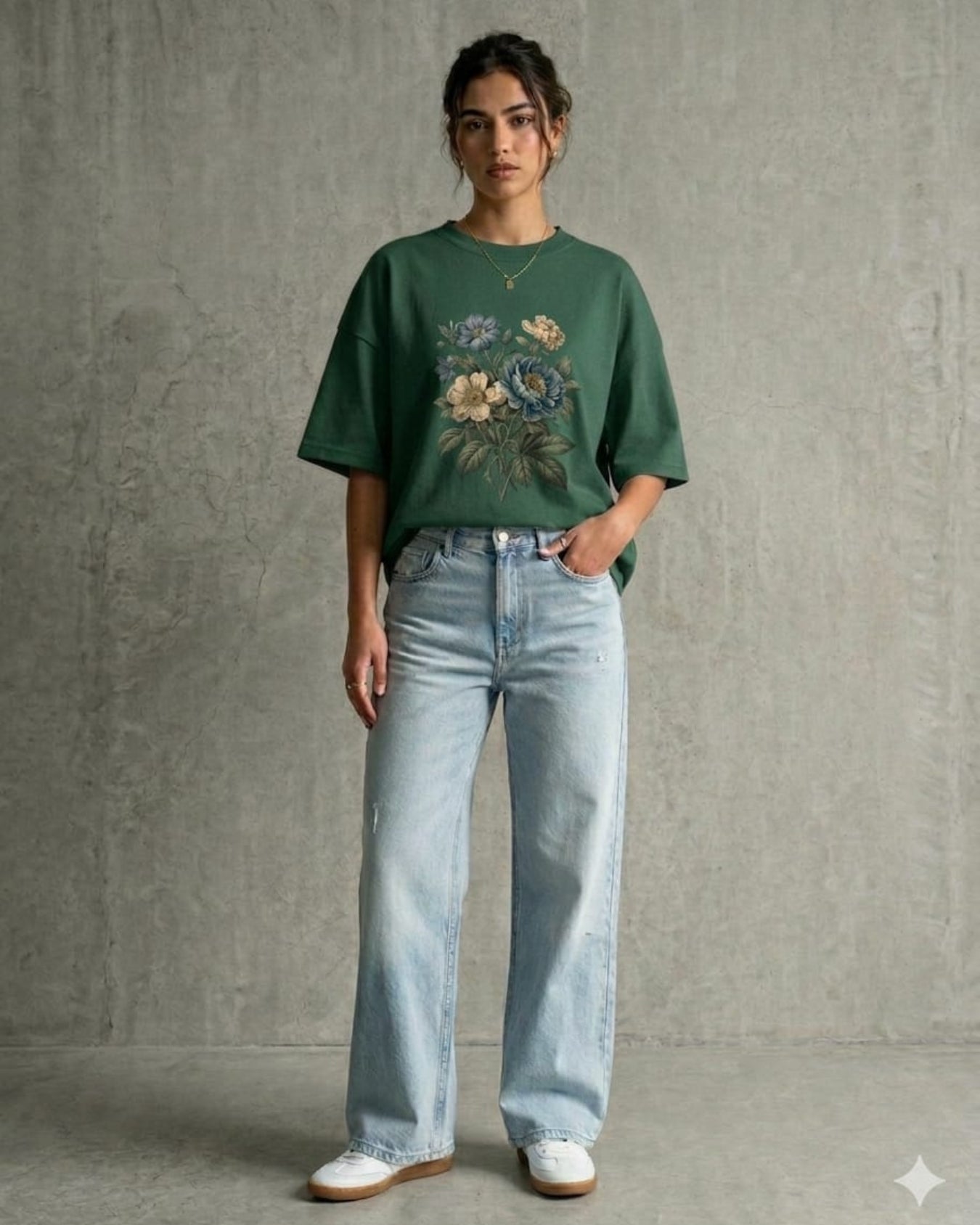 Vintage Floral  Shoulder T-Shirt Wide Leg