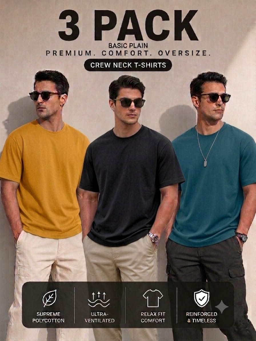 Unisex Pack of 3 Plain Drop Shoulder T-Shirts