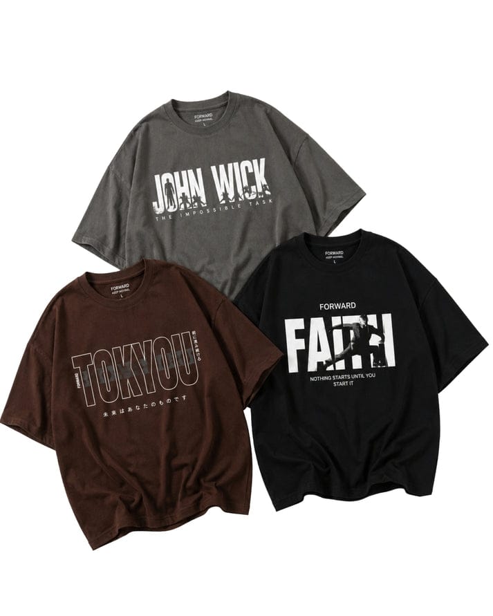 Unisex Pack of 3 Printed Drop Shoulder T-Shirts